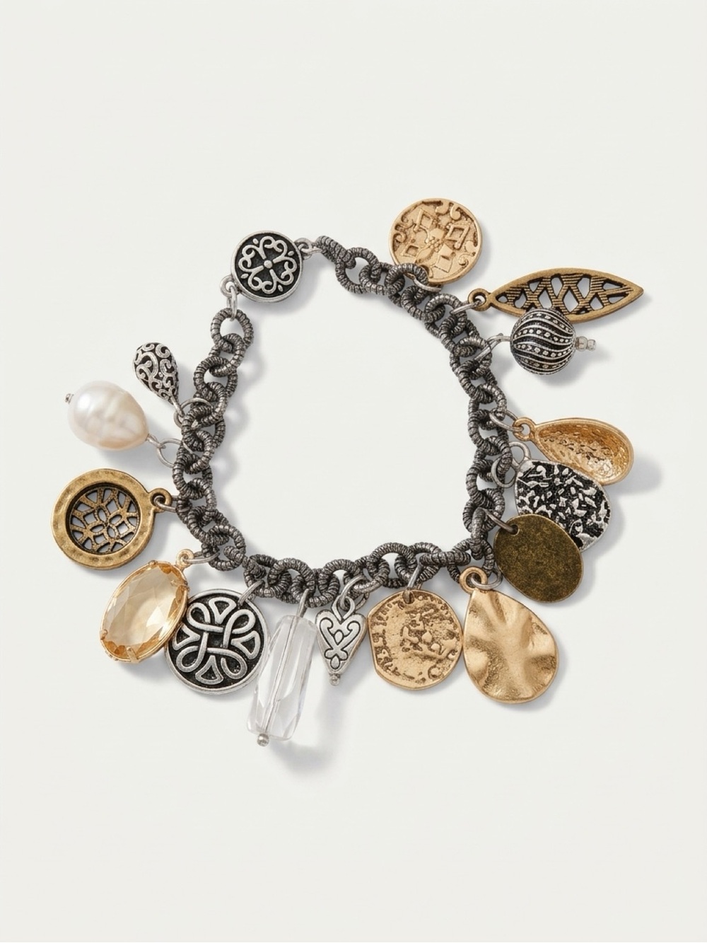 Chico's Two-Tone Celtic Cha Cha Charm Bracelet NWT Mixed Metal Pearl